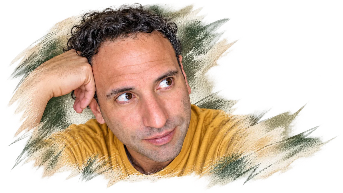 איתי מלר בחולצה כתומה, נשען על ידו, בדיוקן עם שוליים מאוירים